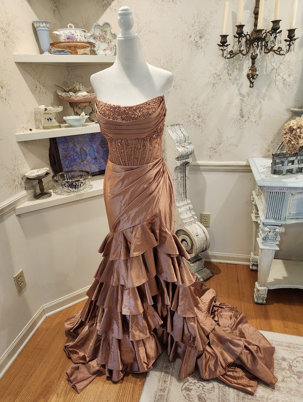 Sherri Hill Rose Copper Gold Beaded Mermaid Dress Gown 8